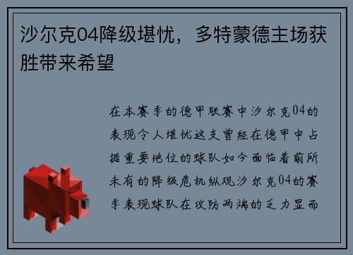沙尔克04降级堪忧，多特蒙德主场获胜带来希望